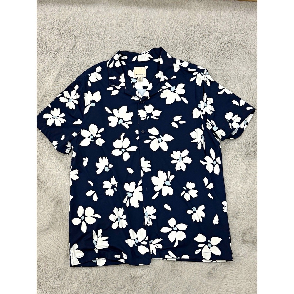 Industry Men's L Black & White Floral Hawaiian Collared Short Sleeve Button-Up